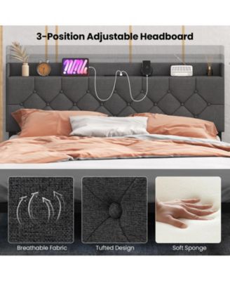Floating Bed Frame with LED and Headboard and Charging Station