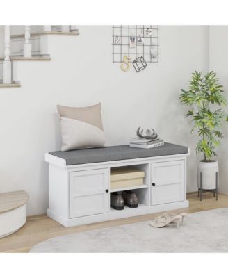 Storage Shoe Bench with Cushion, 2 Cabinets for Entryway, White
