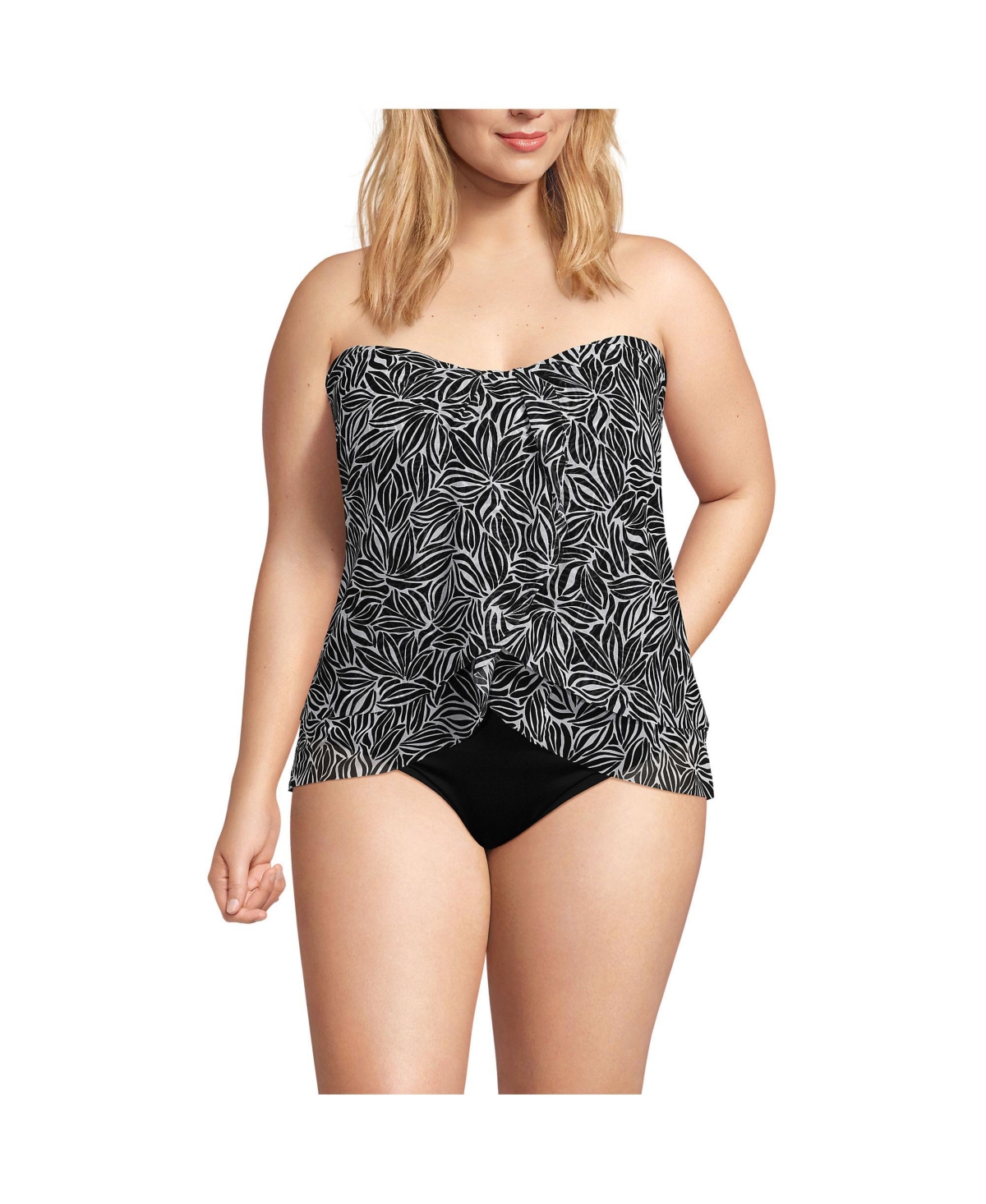 Plus Size Chlorine Resistant Mesh Bandeau High Leg Fauxkini One Piece Swimsuit - Black/white abstract floral