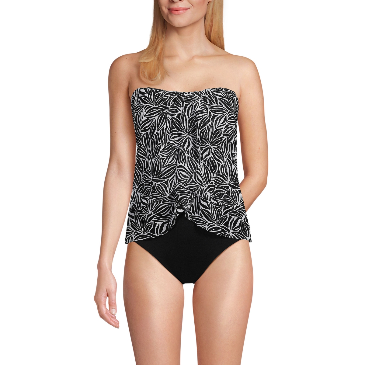 Women's Chlorine Resistant Mesh Bandeau High Leg Fauxkini One Piece Swimsuit - Deep sea navy graphic floral