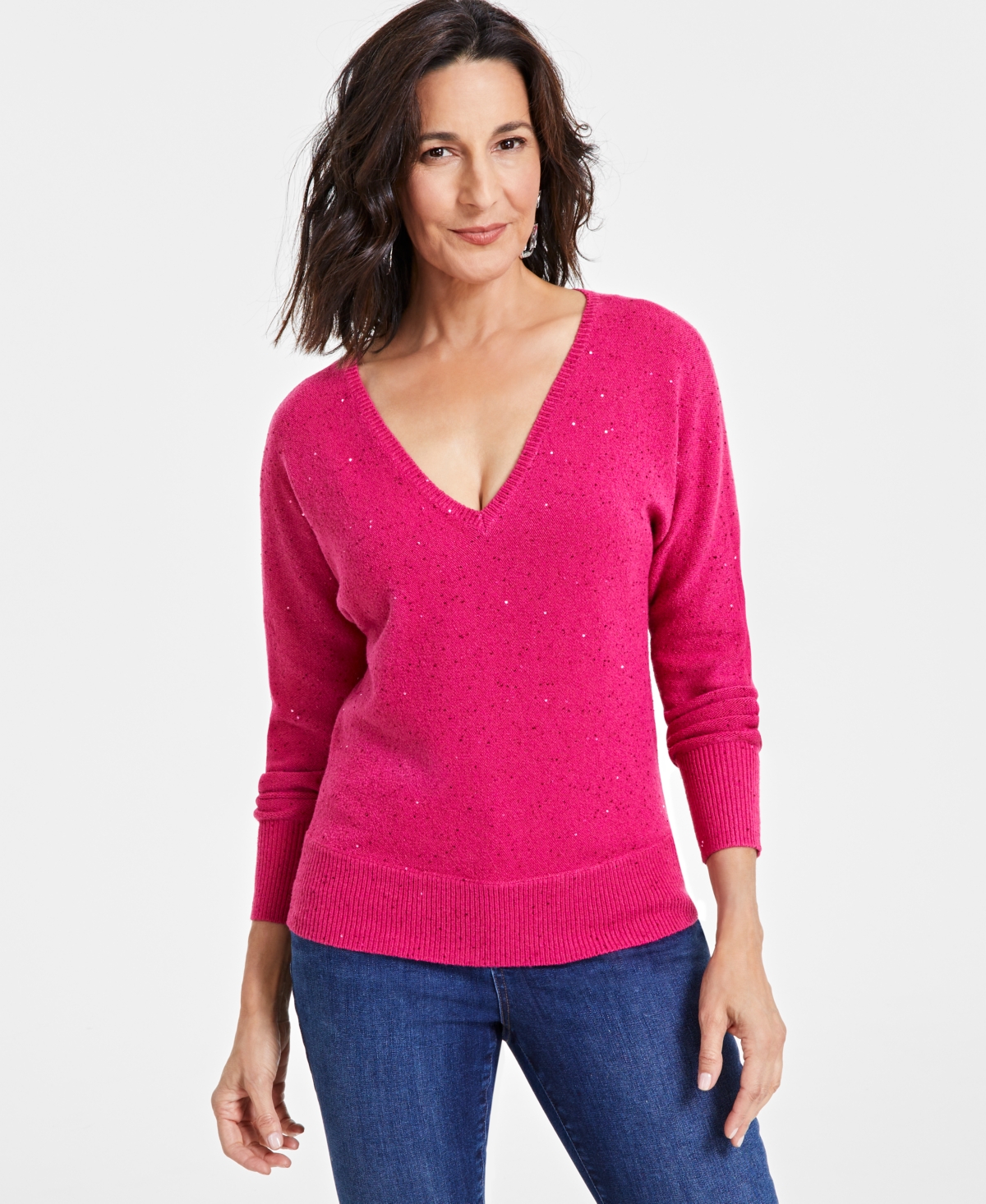 INC INTERNATIONAL CONCEPTS WOMEN'S SEQUIN-SHINE V-NECK SWEATER, CREATED FOR MACY'S 