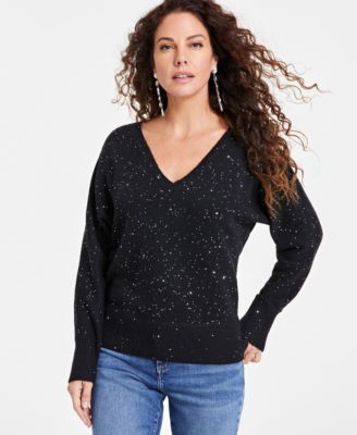 I.N.C. International Concepts - Women's Sequin-Shine V-Neck Sweater