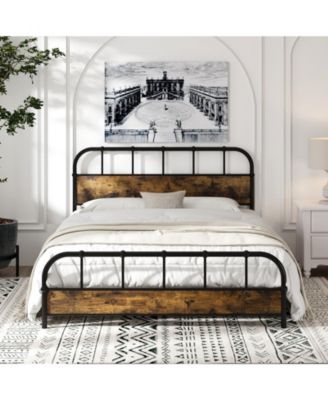 Queen Size Industrial Metal Platform Bed Frame with Headboard Mattress Foundation-Coffee