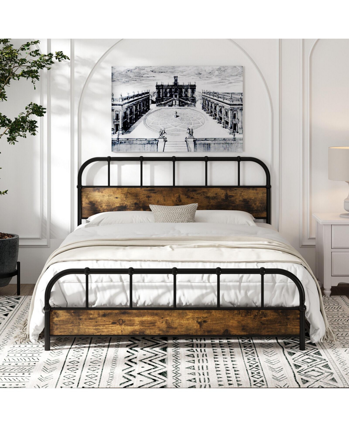 Sugift Queen Size Industrial Metal Platform Bed Frame with Headboard Mattress Foundation-Coffee