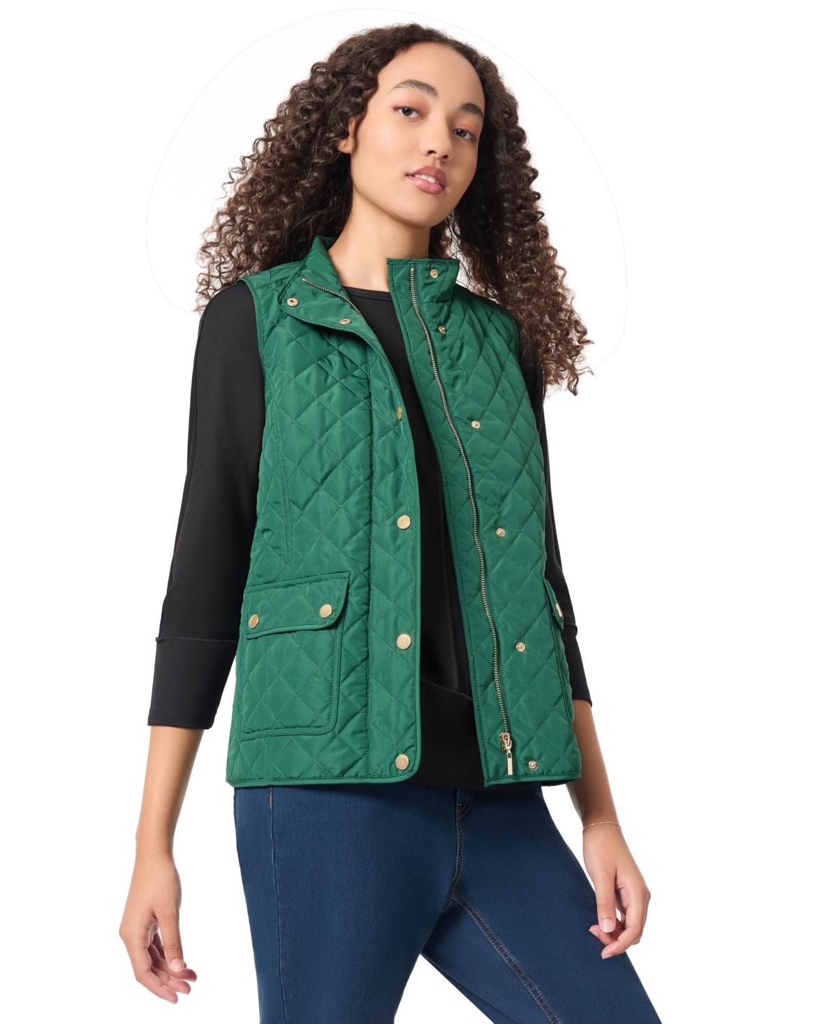 Jones New York Women's Quilted Patch Pocket Vest with Snaps Zipper