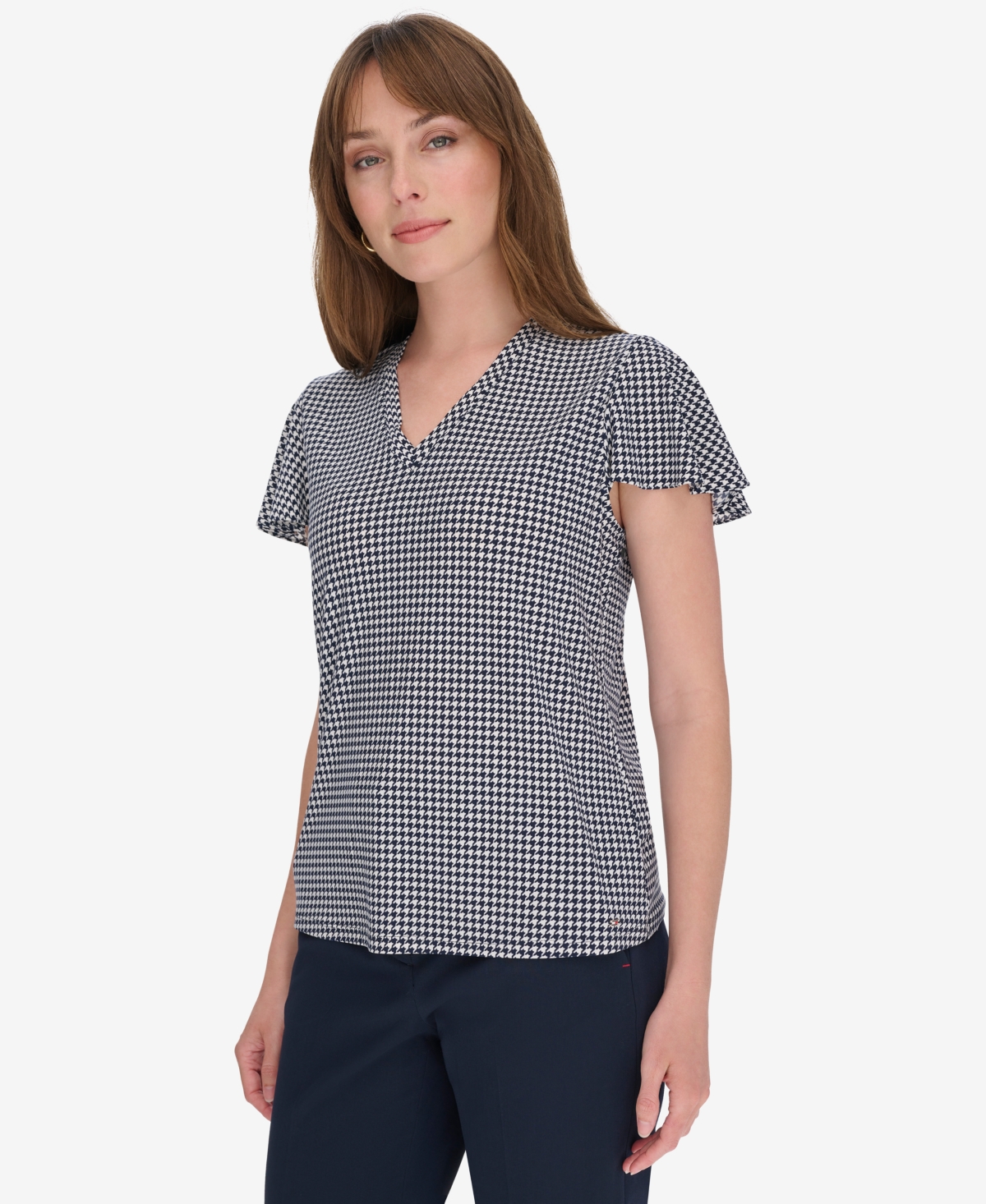 Tommy Hilfiger Women's V-neck Blouse With Ruffle Sleeves In Ivry,midni