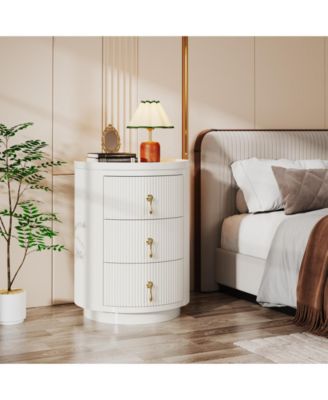 Nightstand with 3 Drawers, No Assembly Bedside Table Night Stand, Modern Round End Side Table with Storage and Gold Handles, White