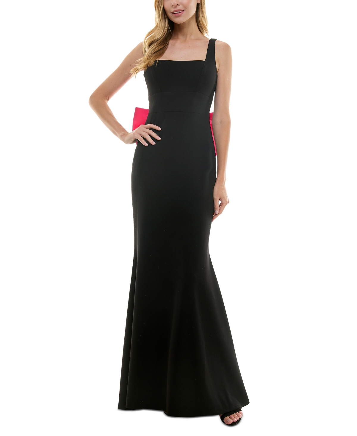 Juniors' Square-Neck Sleeveless Bow-Drape Gown - Black/fusc