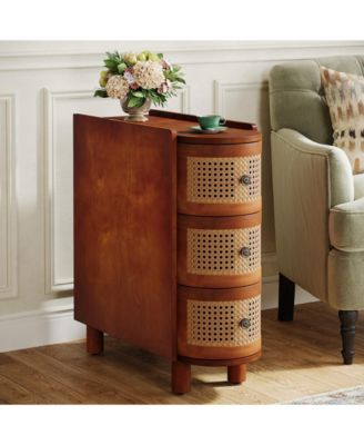 3-Drawer Rattan End Table, Solid Wood Sofa Side Table, Slim Nightstand, Finished Back, No Assembly, Walnut & Oak