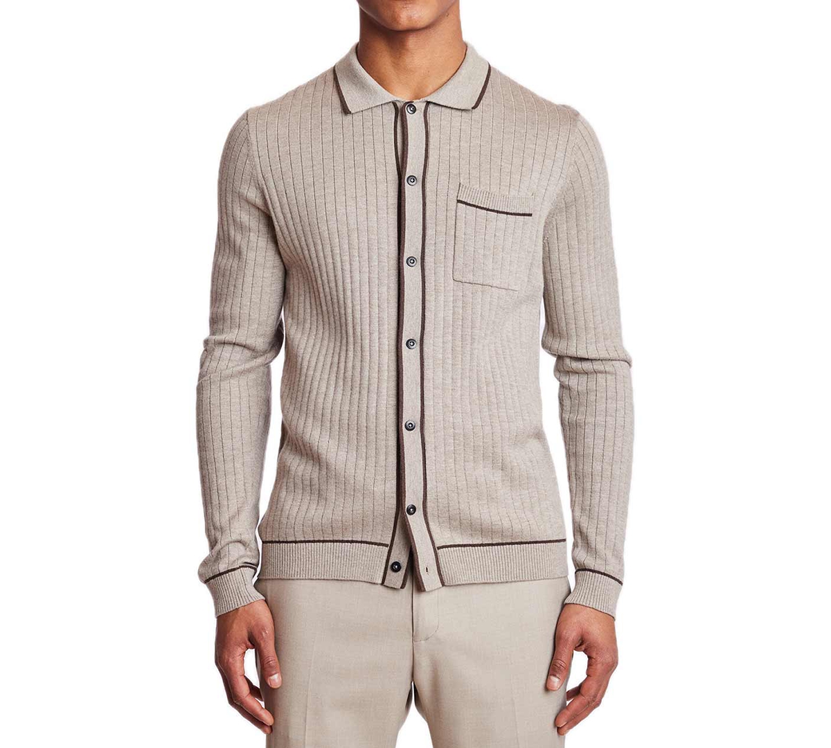 Men's Slim-Fit Tipped Ribbed-Knit Button-Down Polo Shirt - Oatmeal