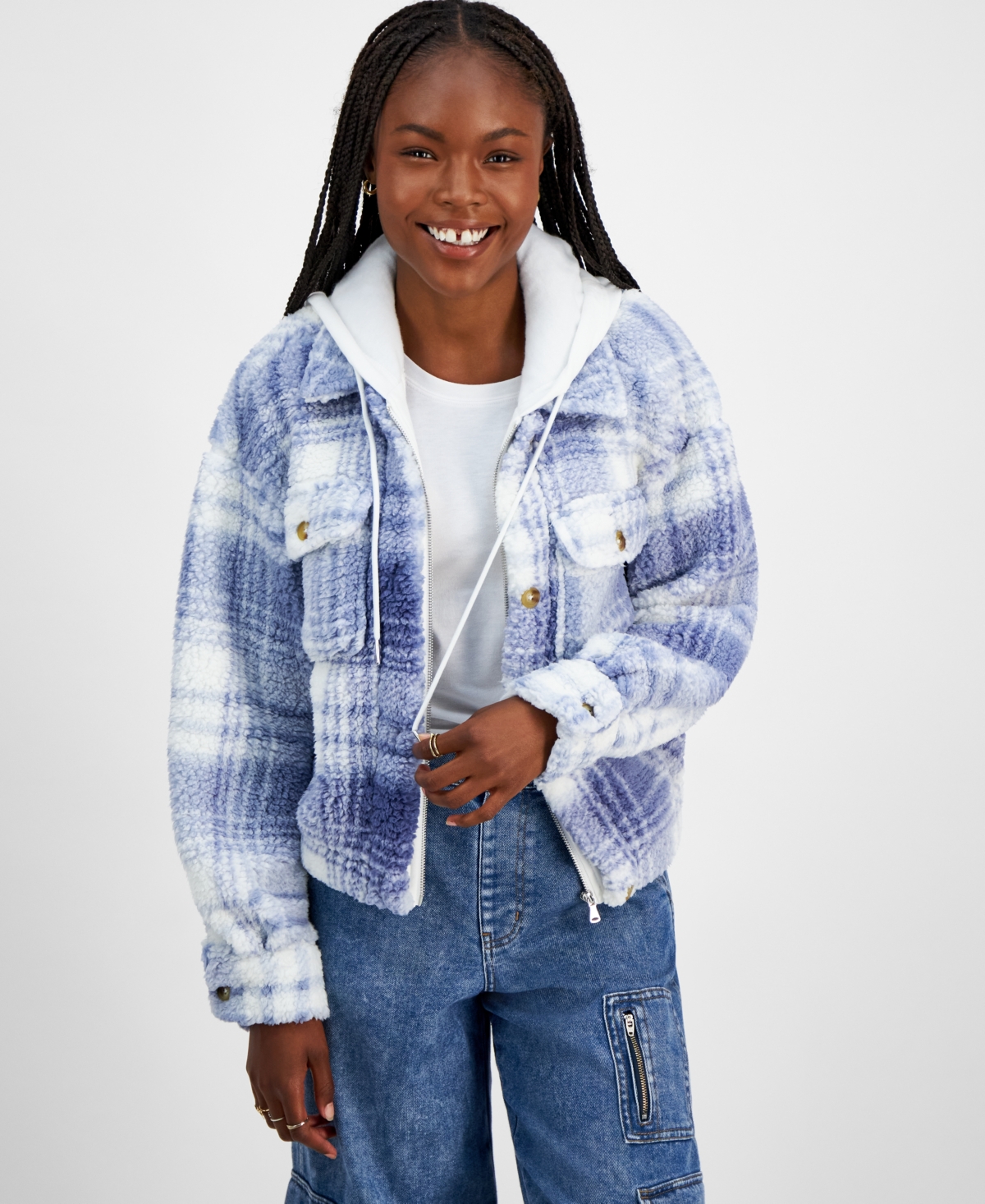 Madden Girl Juniors' Plaid Sherpa Hoodie Jacket