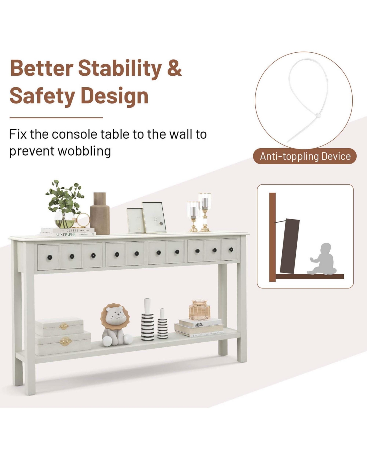 Costway Console Table Retro Entryway Sofa Table with 4 Drawers & Open Shelf Hallway