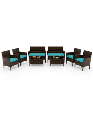 8 PCS Patio Furniture Set with Washable Cushions and Tempered Glass Coffee Table