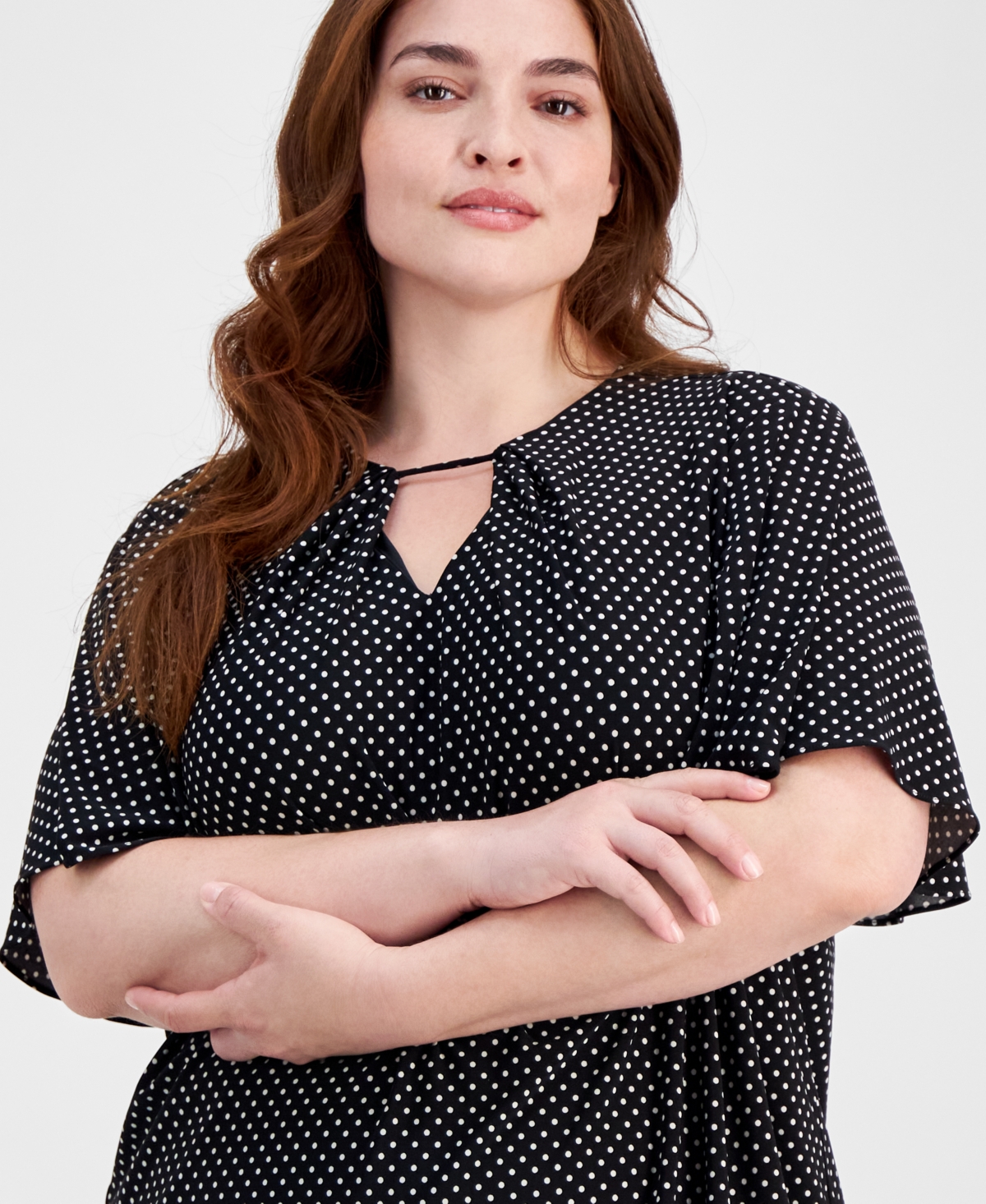 Anne Klein Plus Size Dot-Print Cut-Out Pleated-Neck Top, Created for Macy's