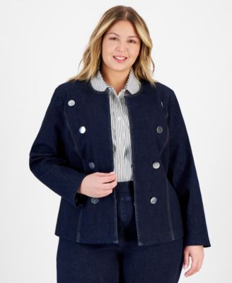 Anne Klein - Plus Size Open-Front Collarless Denim Jacket