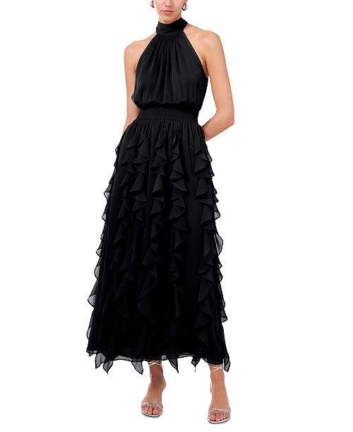 alfani 1.STATE Women's Smocked Cascade-Ruffle Halter Maxi Dress Women's Fashion Shoes & Accessories