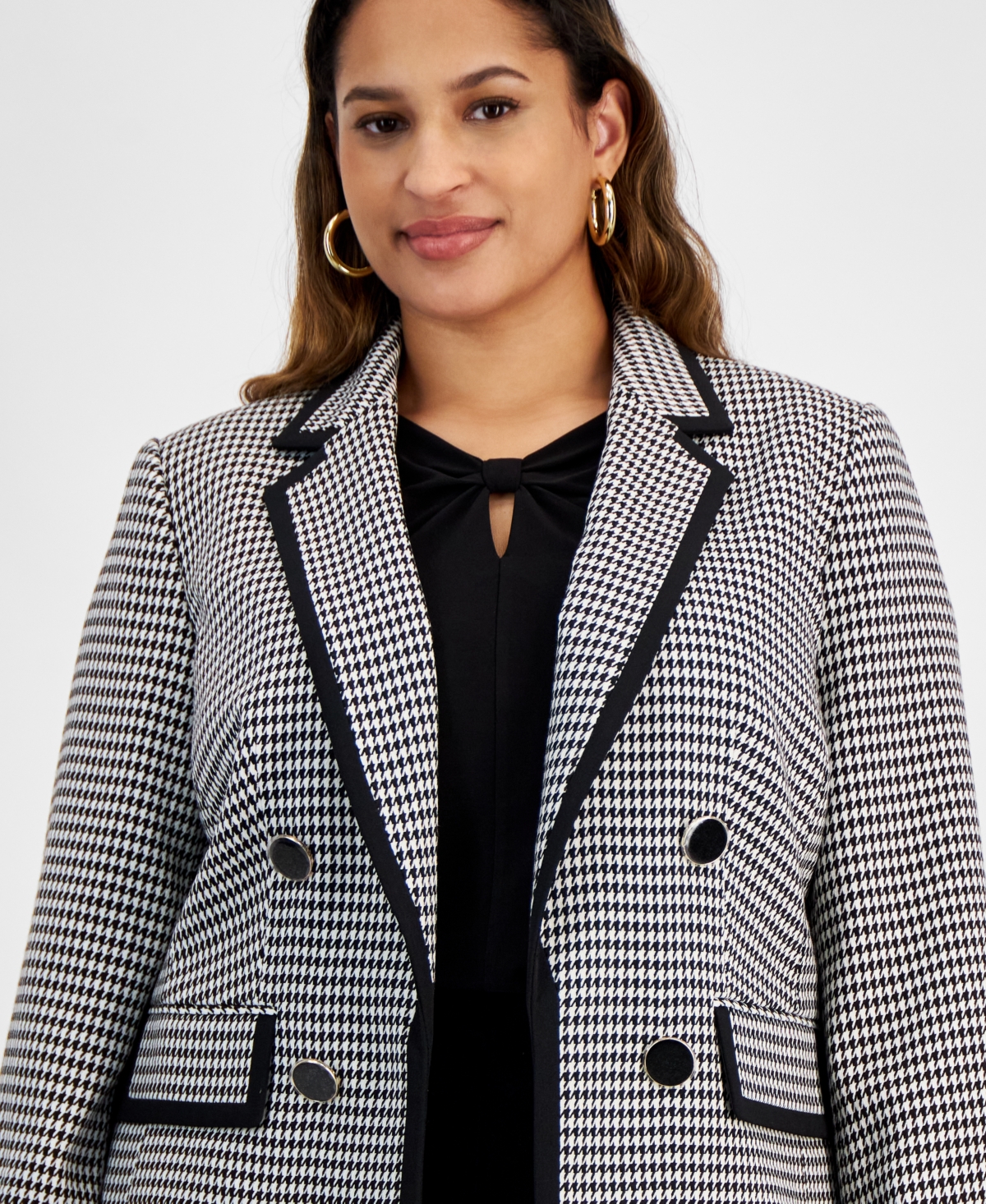 Kasper Plus Size Faux Double-Breasted Houndstooth Blazer -WHITE