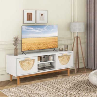 TV Stand for 55-Inch TVs with 2 Drawers & Bamboo Woven Fronts Solid Wood Legs