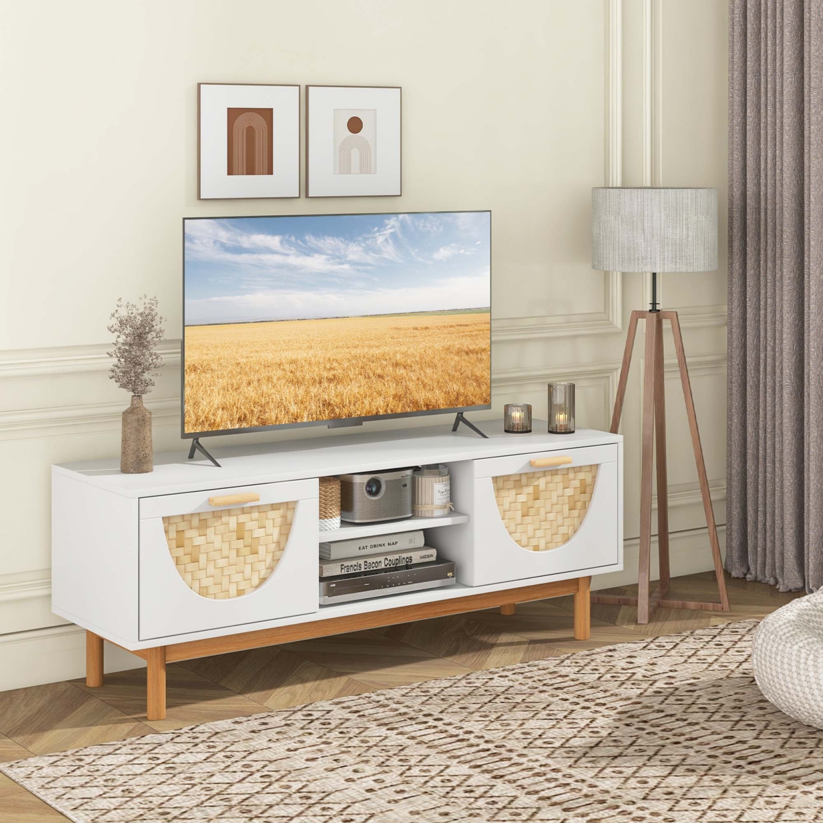 Costway Tv Stand for 55-Inch TVs with 2 Drawers & Woven Fronts Solid Wood Legs