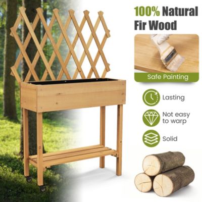 Wood Raised Garden Bed with Trellis Storage Shelf Wheels Liner Drainage Holes