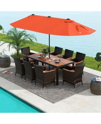 11 PCS Patio Wicker Dining Set with Double-Sided Outdoor Umbrella 8 Stackable Chairs