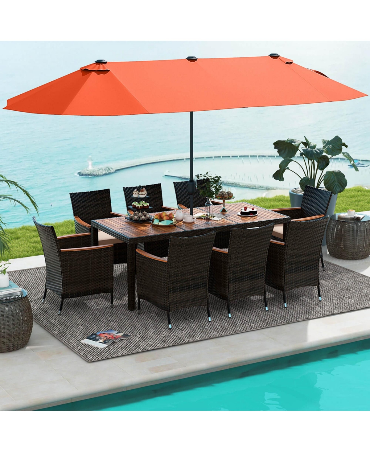 Costway 11 Pcs Patio Wicker Dining Set with Double-Sided Outdoor Umbrella 8 Stackable Chairs
