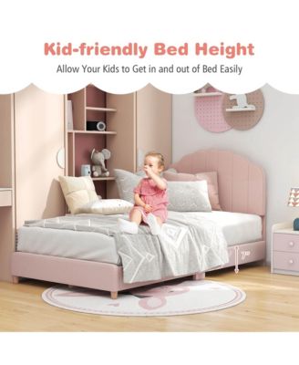 Kids Twin Platform Bed Frame Upholstered Twin Size Bed with Wooden Slats Support