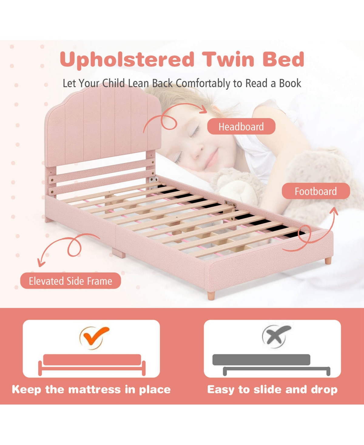 Costway Kids Twin Platform Frame Upholstered Twin with Wooden Slats Support