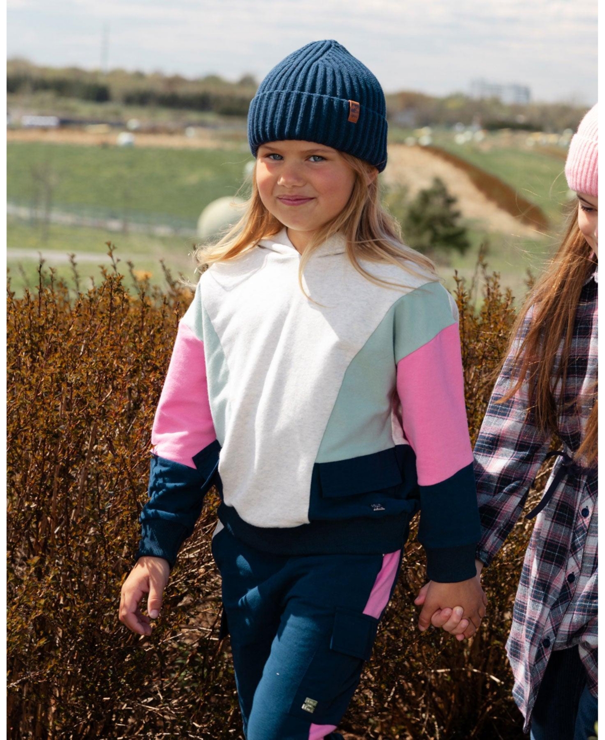 Deux par Deux Big Girls Hooded Sweatshirt Navy And Pink - Colorblock beige, navy and pink