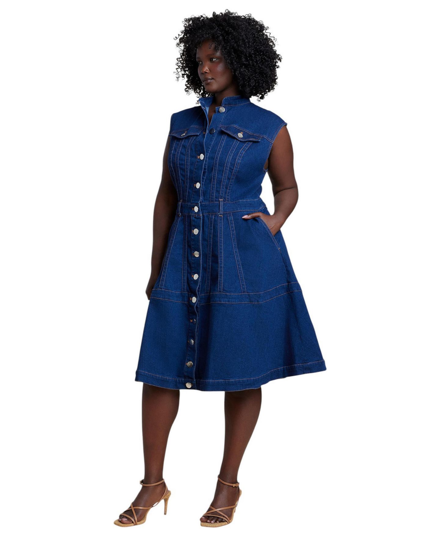 Женское платье ELOQUII Denim Fit and Flare Midi, цвет: Тёмная варка — фото 1