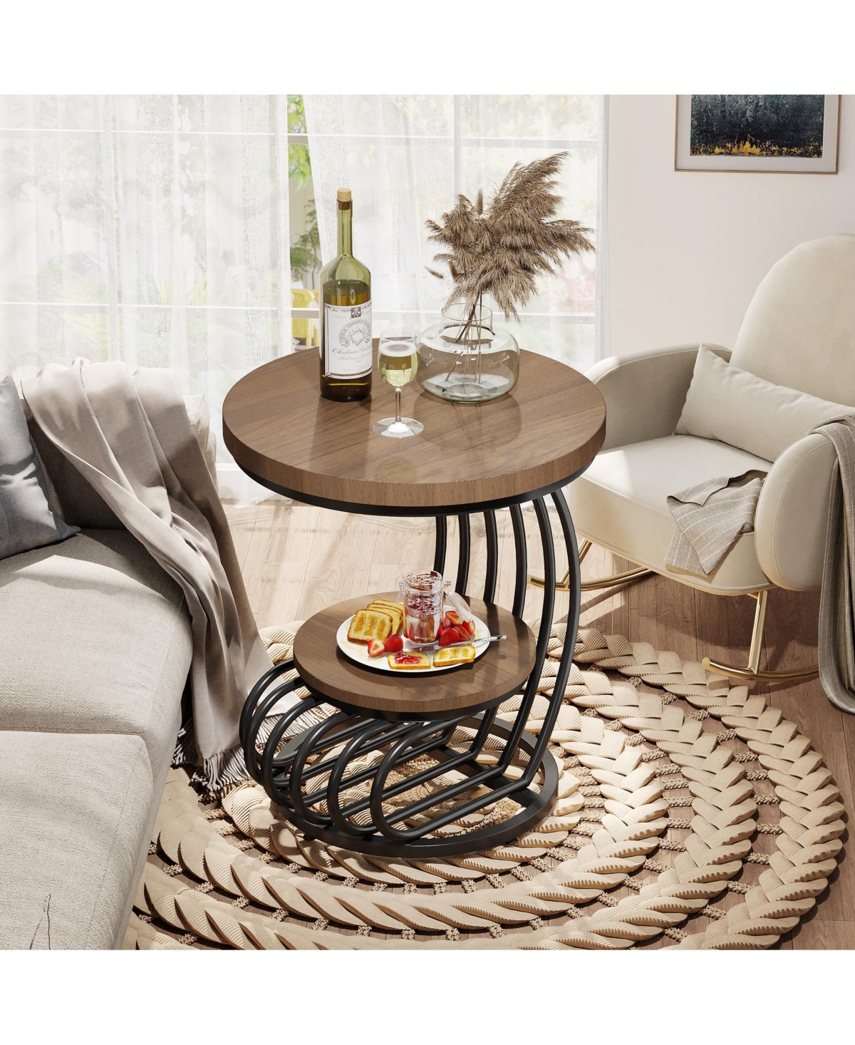 Tribesigns Round End Side Table: 2 Tiers Side Table Set of 2, Vintage End Table for Living Room, Bedside Table Accent Table with Arc-Shaped Fram