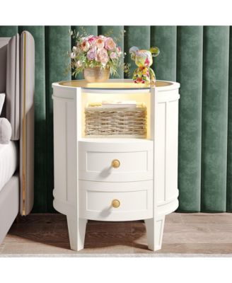 2-Drawer Nightstand with Glass Tabletop, Modern White Oval LED Nightstands, No Assembly Required, Oval Round Night Stand Side Table for Bedroom