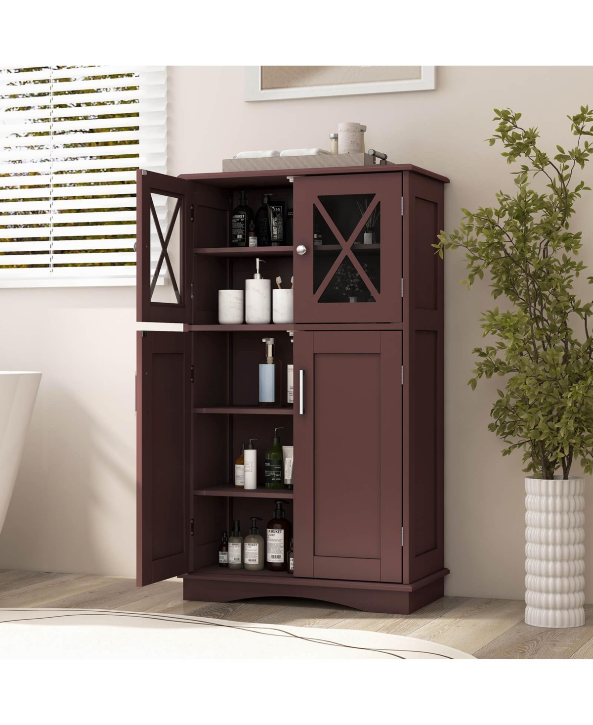 Costway Bathroom Storage Cabinet Linen Storage Cabinet with Doors and Adjustable Shelves