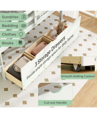 Twin Size Low Loft Bed with 3 Drawers Ladder & Full-length Guardrails Storage