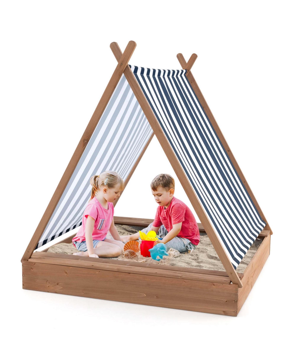 Costway Wooden Sandbox with Canopy Tent Design Fir Wood Frame 2 Bench Seats Bottom