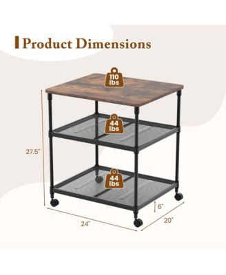 3-Tier Printer Stand Rolling Fax Cart with Adjustable Shelf & Swivel Wheel