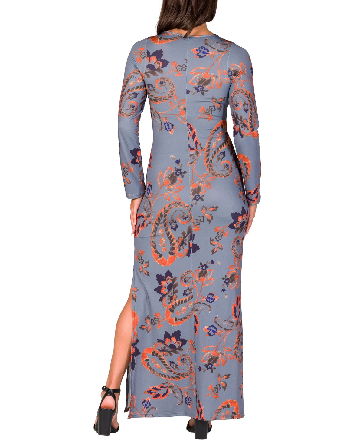 24seven Comfort Apparel Women's Grey Long Sleeve Side Slit Fitted Maxi Dress