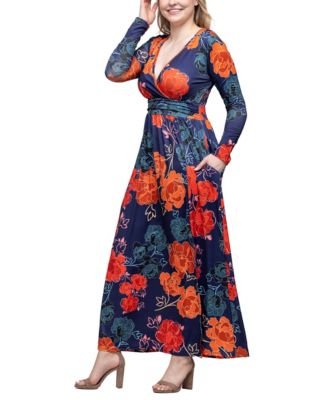 Women's Navy Floral Print Long Sleeve Side Slit Maxi Dress