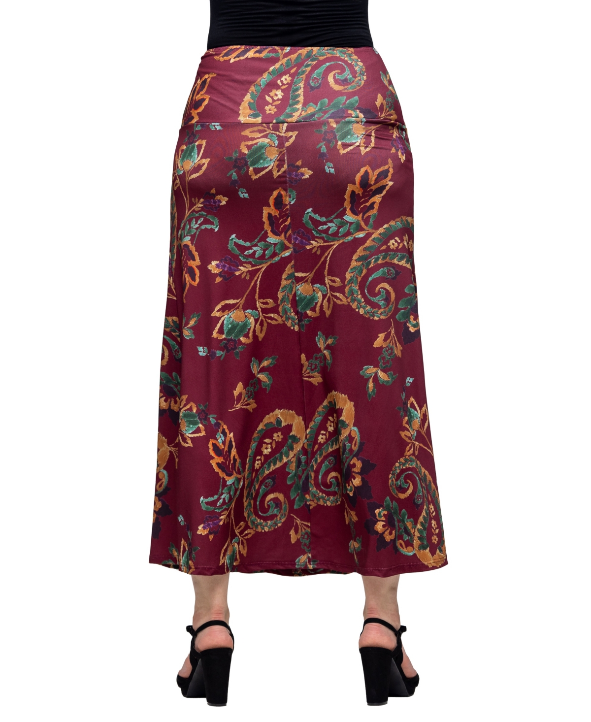 24SEVEN COMFORT APPAREL WOMEN'S WINE PRINT ELASTIC WAIST A LINE MAXI SKIRT 
