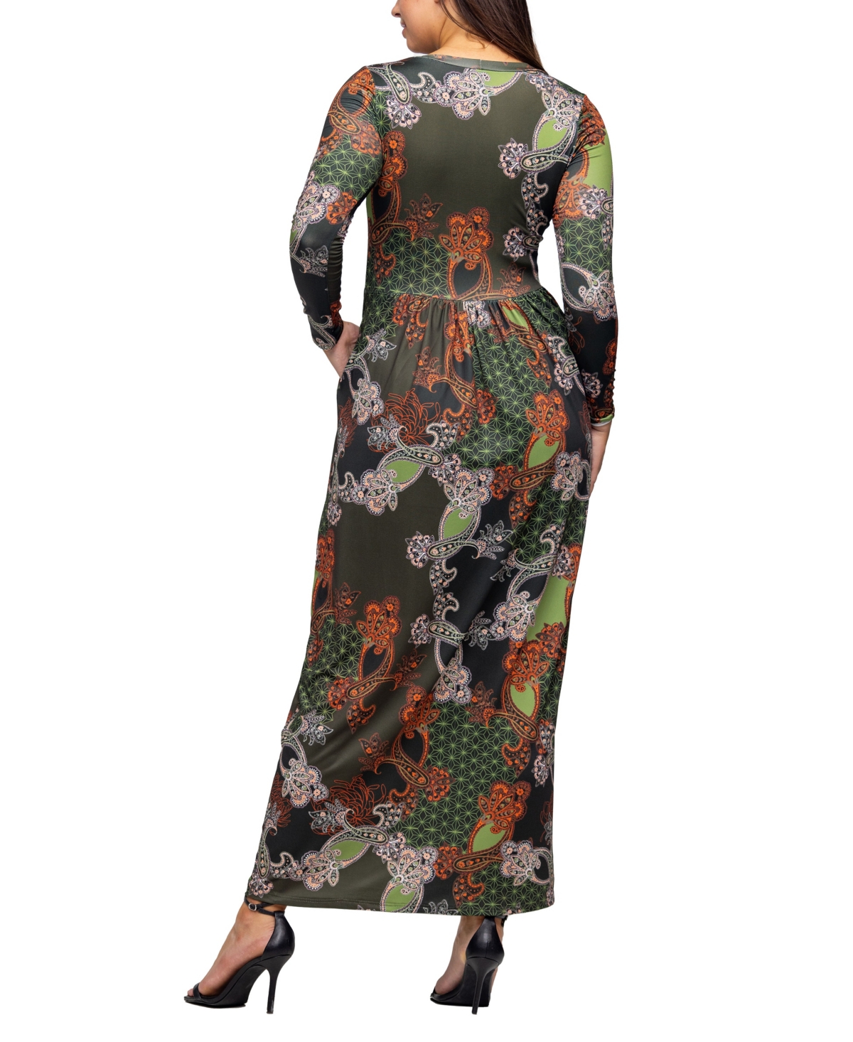 24seven Comfort Apparel Women's Green Long Sleeve Empire Waist Pocket Maxi Dress