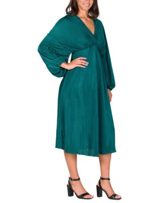 Women's Pleated V Neck Empire Waist Midi Dress