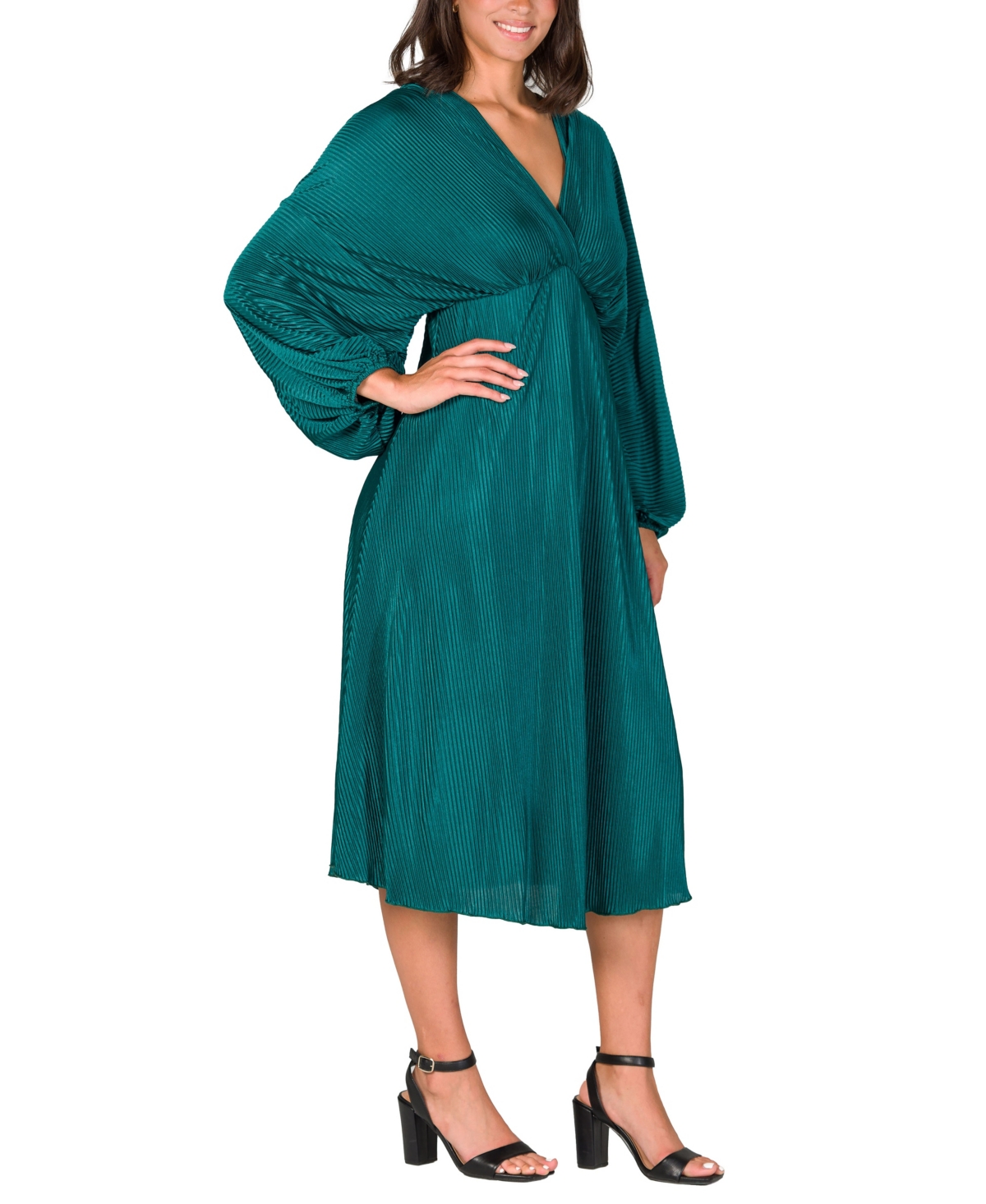 24seven Comfort Apparel Shimmer Pleated V-neck Empire Waist Bishop Sleeve Midi Dress In Hunter