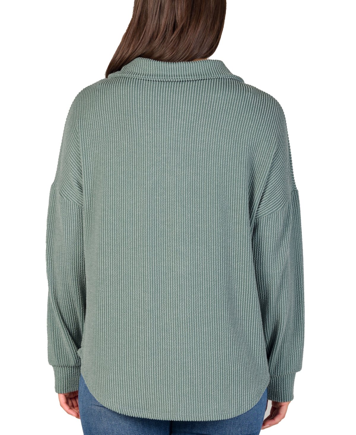 24seven Comfort Apparel Women's Ribbed Button Up Long Sleeve Collared Shirt Jacket In Green
