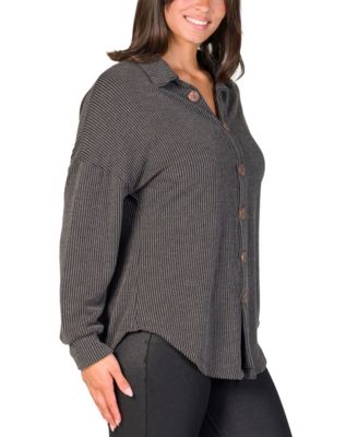 Women's Ribbed Button Up Long Sleeve Collared Shirt Jacket