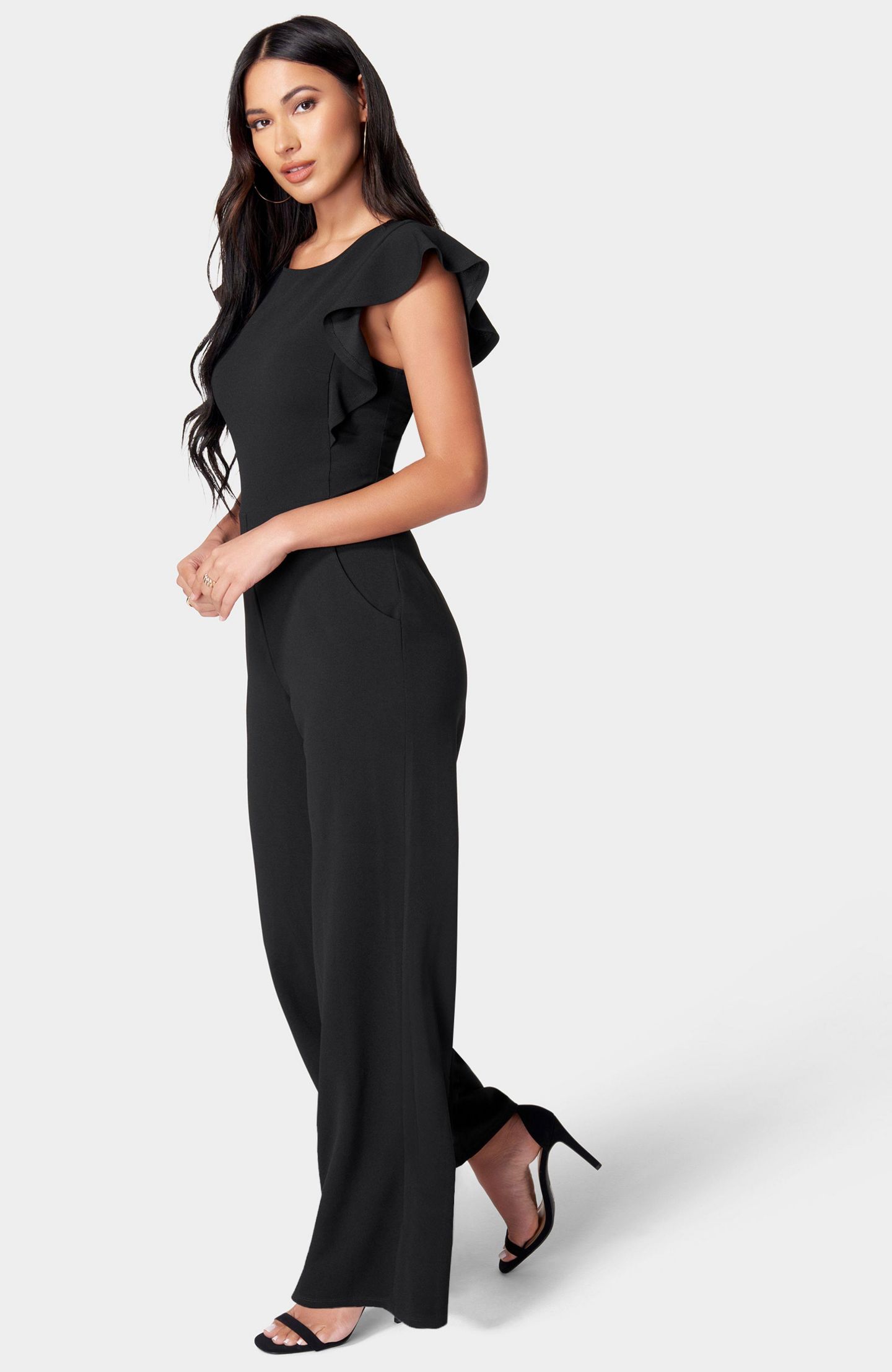 Женский комбинезон Bebe Scuba Crepe Jumpsuit With Ruffle Sleeve, цвет: Чёрный — фото 2