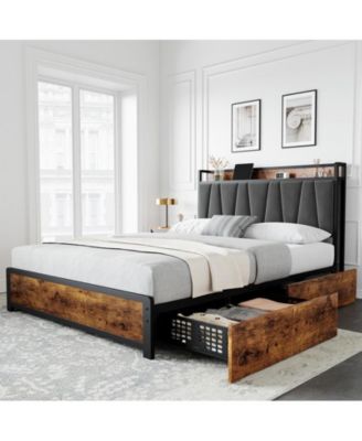 Bed Frame, Storage Headboard with Charging Station, Platform Metal Bed Frame with 4 Storage Drawers, No Box Spring Needed, Noise Free, Easy Assembly, Vintage Brown (Queen)