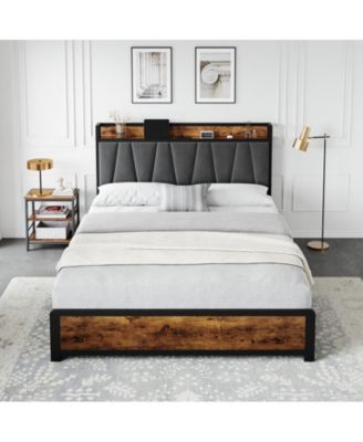 Bed Frame, Storage Headboard with Charging Station, Platform Metal Bed Frame with 4 Storage Drawers, No Box Spring Needed, Noise Free, Easy Assembly, Vintage Brown (Queen)