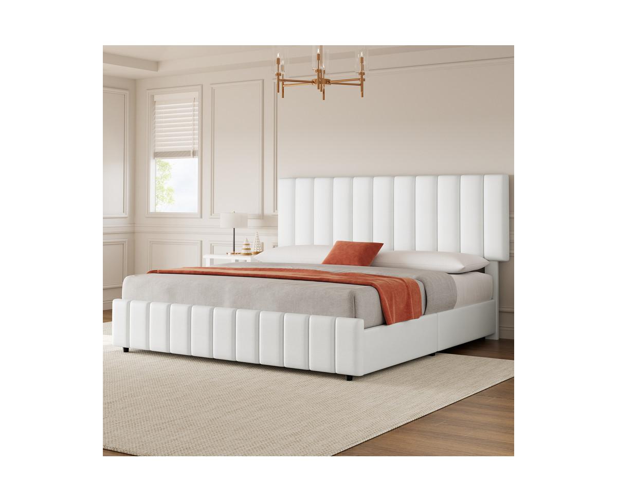 gaomon Linen Upholstered Platform Bed Frame with 4 Storage Drawers, Adjustable Headboard, Wooden Slats Support, No Box Spring Needed,- Gre