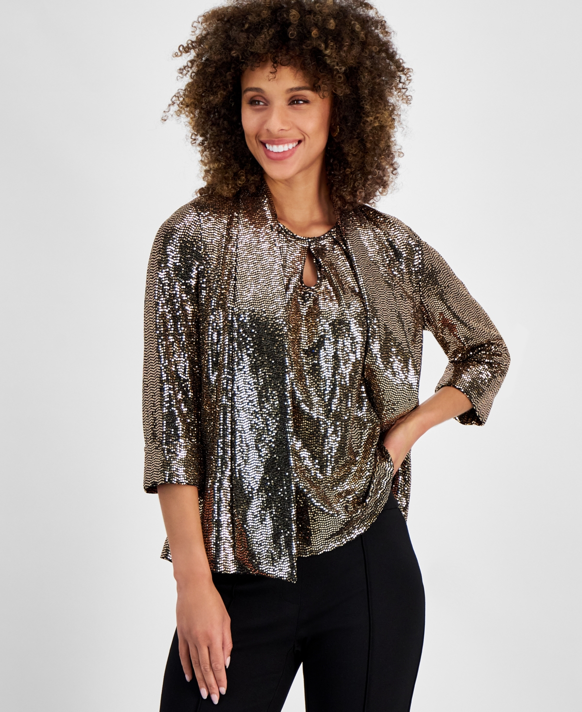 Women's Mirror-Dot Open-Front Shawl-Collar Jacket, Regular and Petite Sizes - Black/Gold