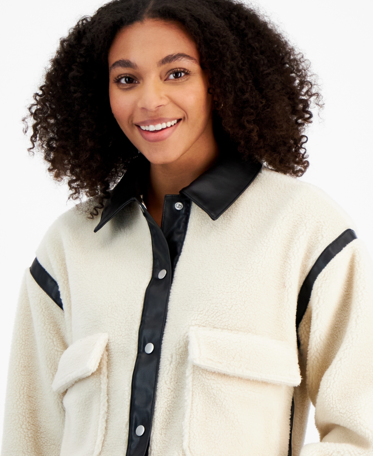 Madden Girl Juniors' Faux-Leather-Trim Sherpa Jacket -blac